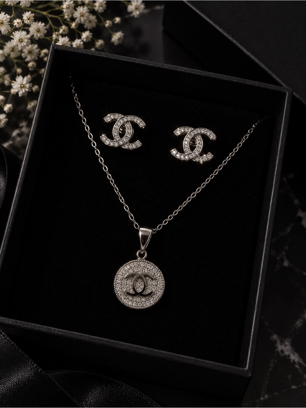 Silver Crystal Logo Pendant Necklace and Stud Earring Set